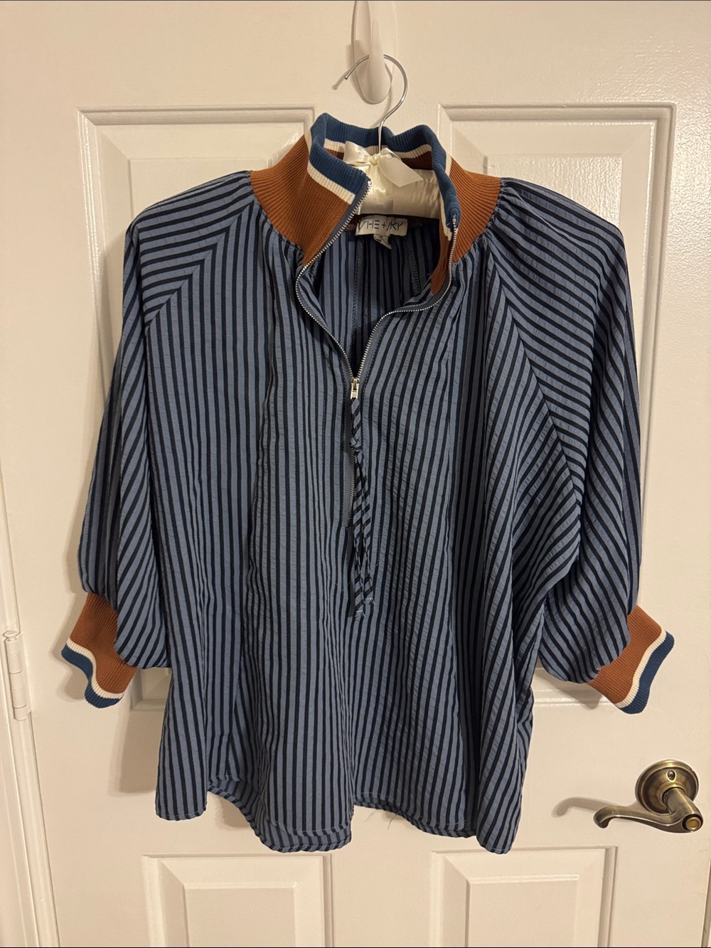 Blue Striped Half-Zip Shirt with Brown Trim - Picture 4 of 10